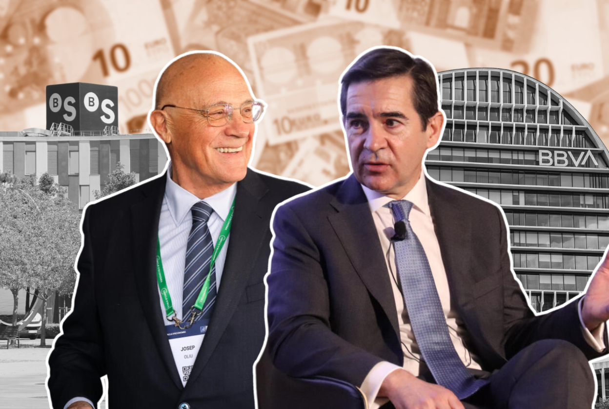 El president del Banc Sabadell, Josep Oliu, i el president del BBVA, Carlos Torres, en un fotomuntatge (fotografia: elaboració pròpia).