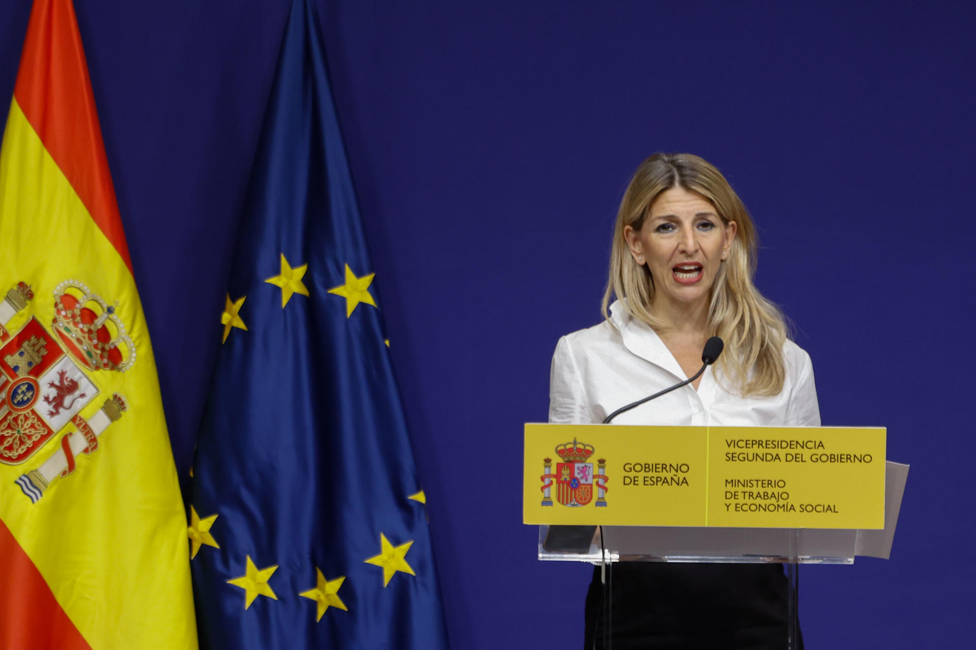 Yolanda Díaz, en un moment de la conferència de premsa (fotografia: EFE / JuanJo Martín).