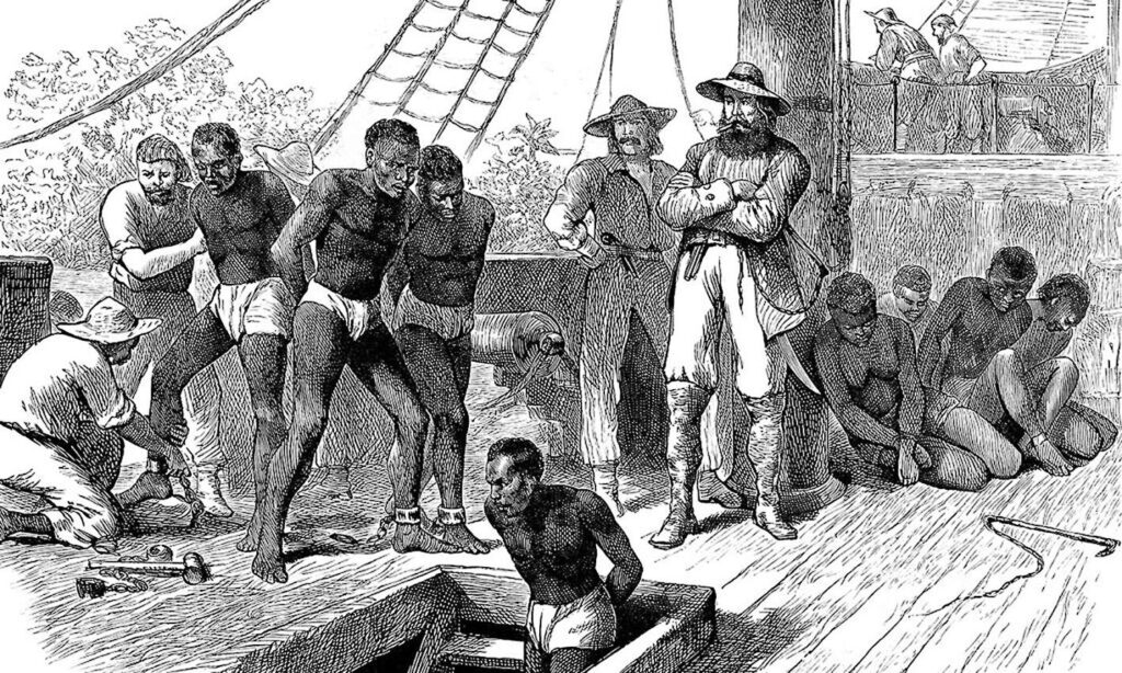 Esclaus capturats per anar a Cuba el 1835 segons la visió de Joseph Sawain, una de les nombroses il·lustracions que recull el llire