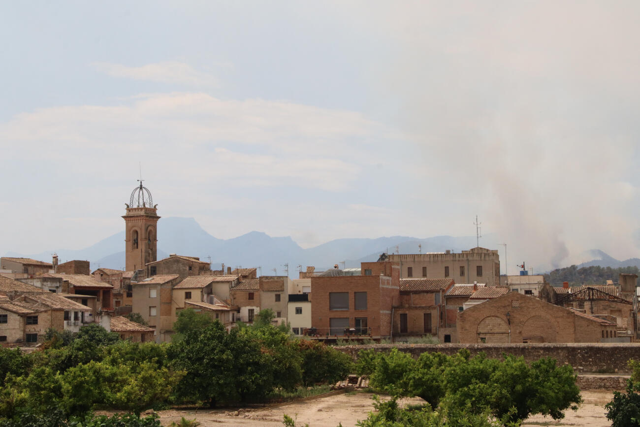 Una columna de fum de l'incendi de Paüls, darrere Xerta (fotografia: ACN / Eloi Tost / Mar Rovira).