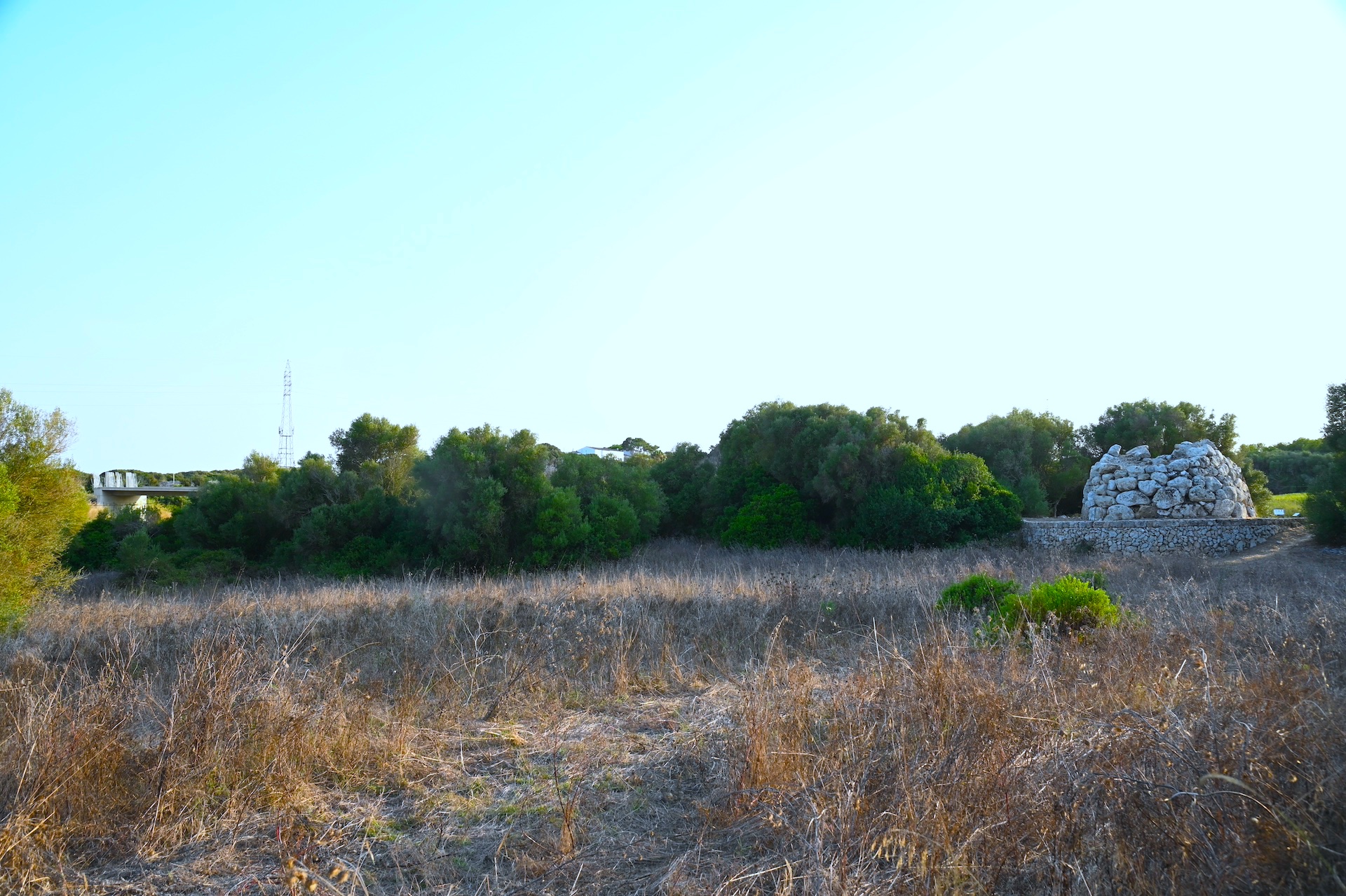 Imatge captada del camí estant que du al poblat. A l’esquerra es veu el pont a mig construir i, a la dreta, una de les dues navetes.