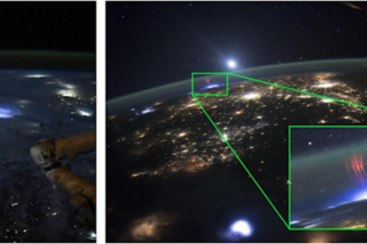 A l'esquerra, el llamp gegant captat per l’astronauta Nichole Ayers. A la dreta, un espectre vermell observat des de l’espai sobre un llamp, fotografiat per astronautes de l’Estació Espacial Internacional durant l’Expedició 44.