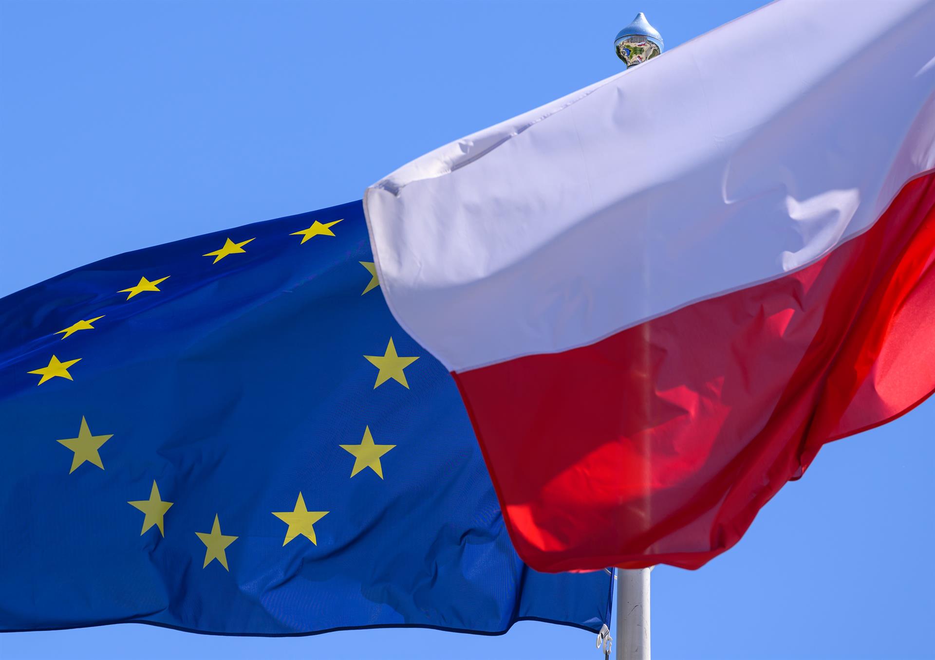 Banderes de la Unió Europea i de Polònia (fotografia: Patrick Pleul / dpa).
