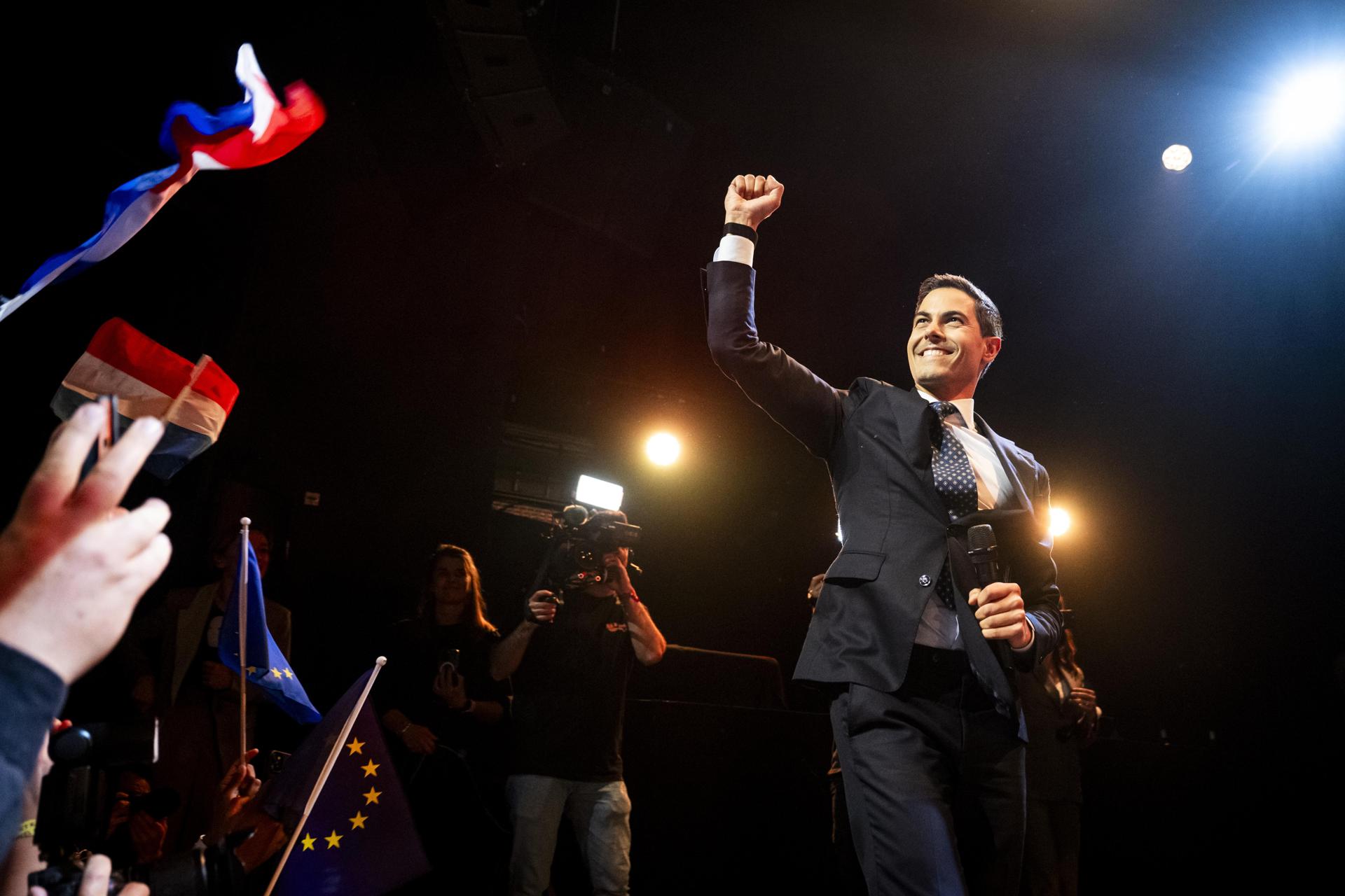 El líder de Democràcia 66, Rob Jetten, celebrant els resultats. (Fotografia: Robin Utrecht)