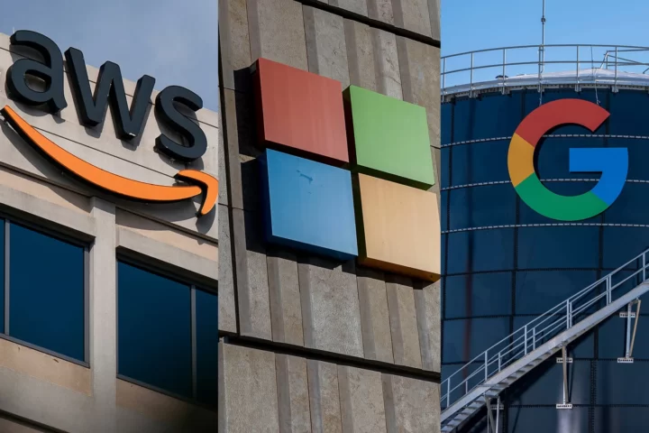 Amazon, Microsoft i Google dominen gran part del mercat dels serveis de computació en línia (fotografia: Al Drago, David Paul Morris, Jonathan Johnson/Bloomberg).