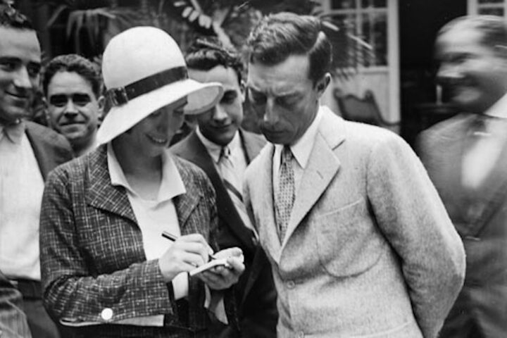 Irene Polo amb l'actor Buster Keaton (fotografia: Gabriel Casas i Galobardes, ANC).