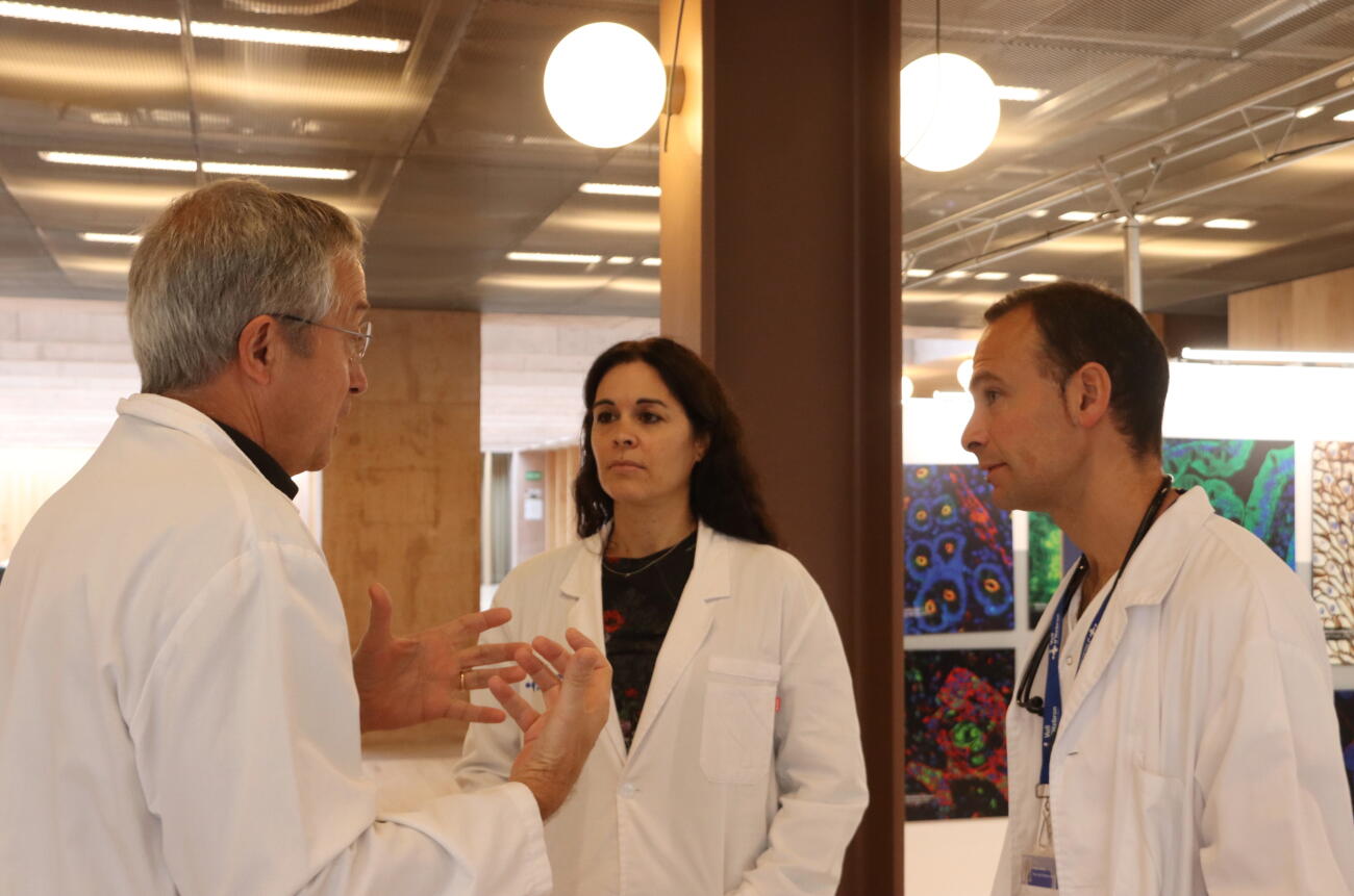 El doctor Vicenç Falcó, cap del Servei de Malalties Infeccioses de l'Hospital de la Vall d’Hebron; la doctora María José Buzón, cap de grup de Malalties Infeccioses del Vall d'Hebron Institut de Recerca (VHIR); i el doctor Joaquín Burgos, metge adjunt del servei (fotografia: ACN / Laura Fíguls).