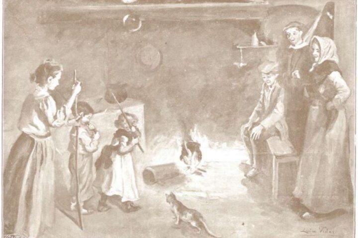 Una família fent cagar el tió. Dibuix de Lluïsa Vidal i Puig a la revista Feminal, núm. 9 (1907) (fotografia: Viquipèdia).