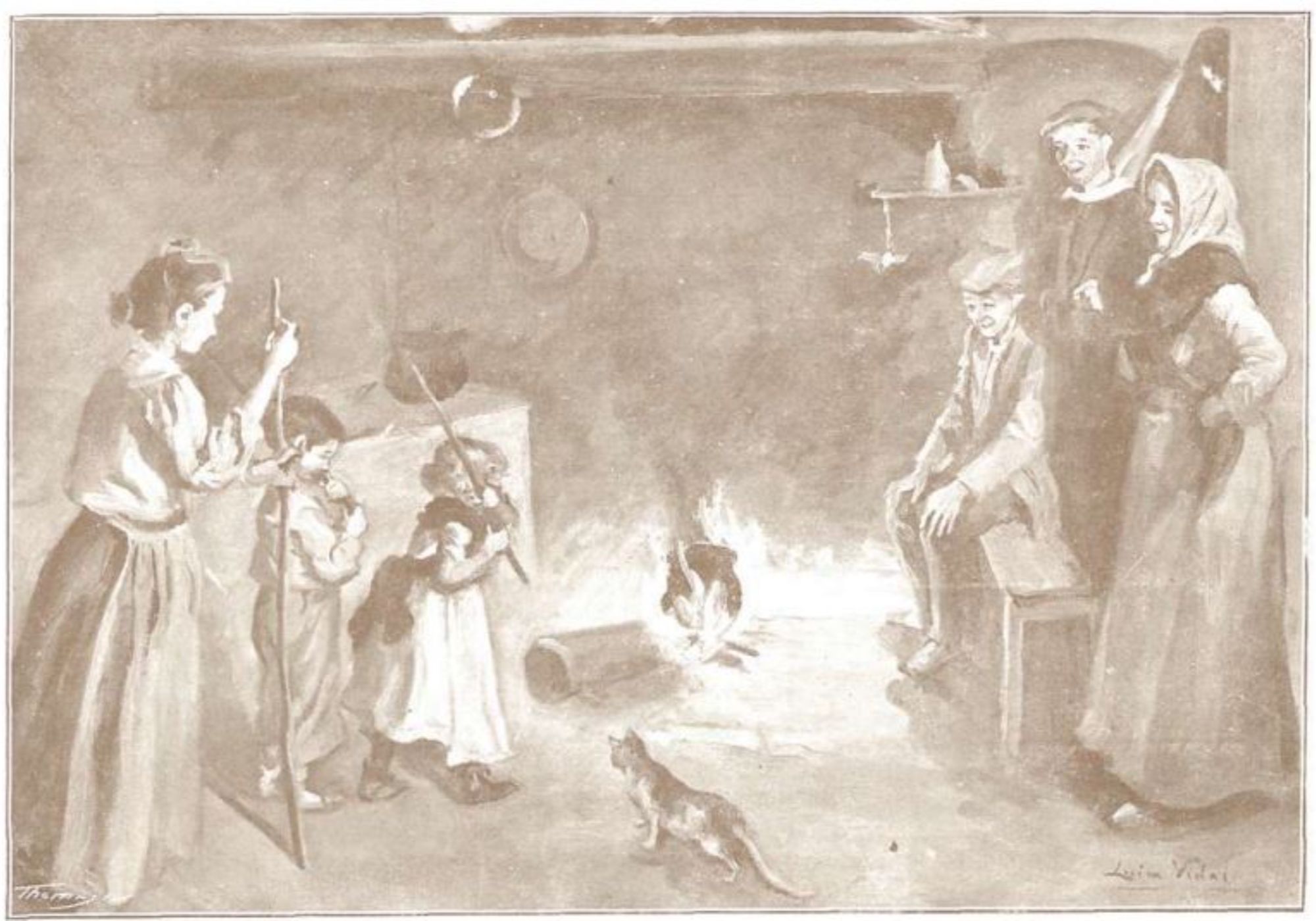 Una família fent cagar el tió. Dibuix de Lluïsa Vidal i Puig a la revista Feminal, núm. 9 (1907) (fotografia: Viquipèdia).