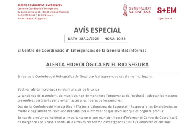 Activada l’alerta hidrològica a la conca del riu Segura per l’augment del cabal