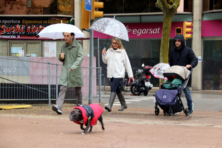Gent passejant amb paraigües avui a l'avinguda Josep Tarradellas de Barcelona (fotografia: ACN / Jordi Bataller).