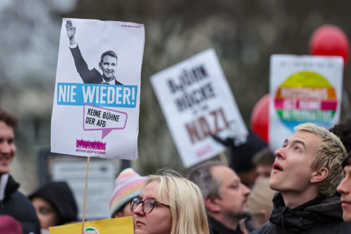 Manifestants en una protesta contra un congrés de l'AfD a Giessen, a Alemanya, el 29 de novembre passat (fotografia: Ronald Wittek/Efe).