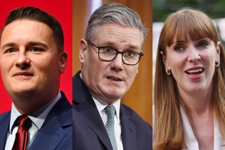 D'esquerra a dreta: Wes Streeting, Keir Starmer i Angela Rayner (fotografia: Bloomberg).