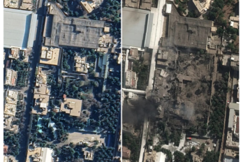 Imatge per satèl·lit del complex de l'aiatol·là Ali Khamenei el febrer del 2025 (esquerra) i ahir (dreta) (fotografia: Google Earth/Airbus/The Washington Post).