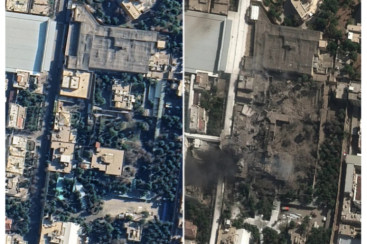 Imatge per satèl·lit del complex de l'aiatol·là Ali Khamenei el febrer del 2025 (esquerra) i ahir (dreta) (fotografia: Google Earth/Airbus/The Washington Post).