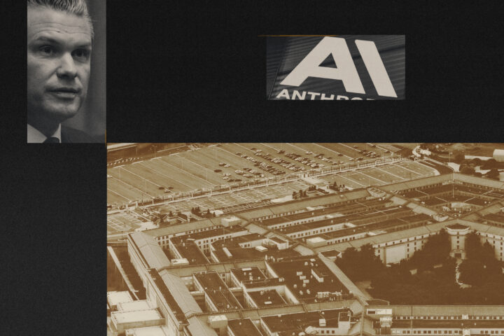 Muntatge fotogràfic amb imatges del Pentàgon, el logotip d'Anthropic i el secretari de Defensa dels Estats Units, Pete Hegseht (fotografia: Carolyn Van Houten/The Washington Post).