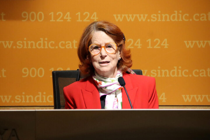 La síndica Esther Giménez Salinas en conferència de premsa.