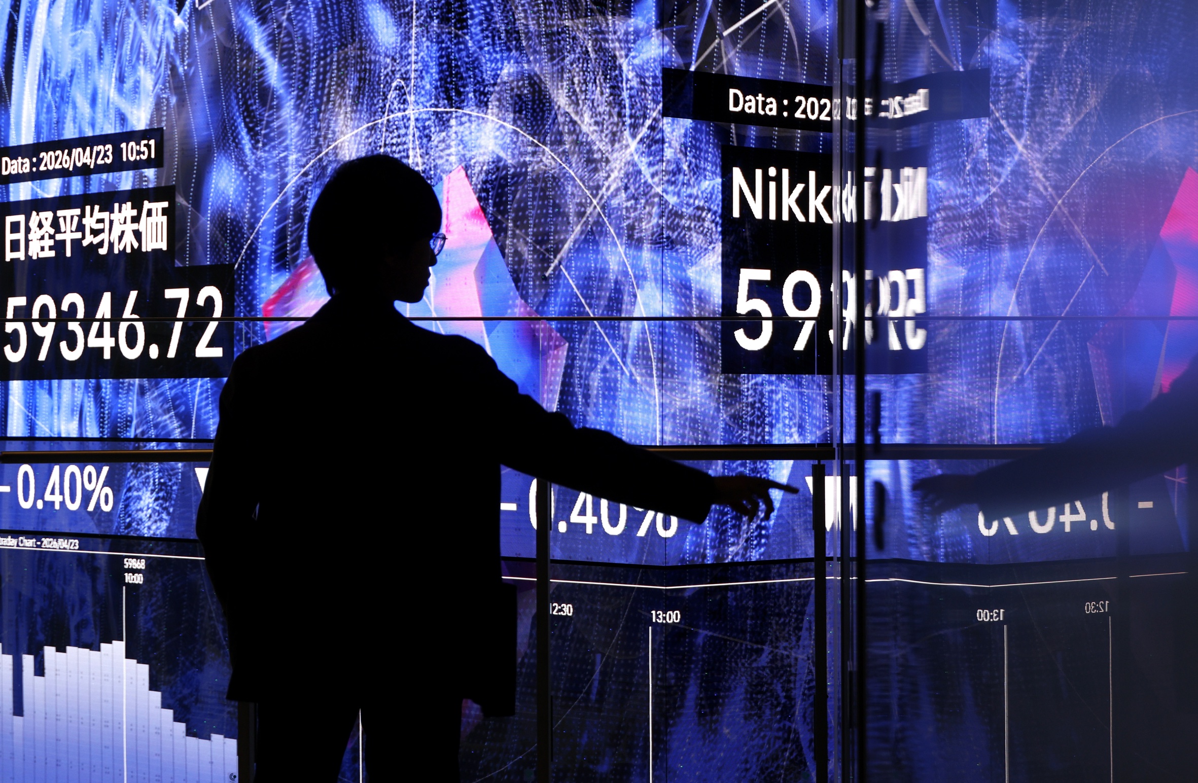 Un home segueix els resultats del Nikkei, l'índex borsari japonès, que ahir superà els 60.000 punts per primera volta a la història (fotografia: Frank Robichon/Efe).