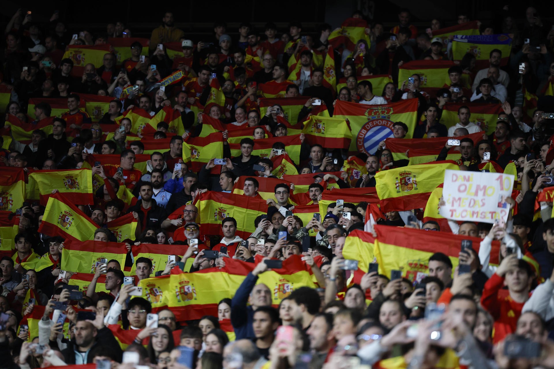 Afeccionats espanyolistes durant el partit entre les seleccions d’Espanya i Egipte. Fotografia: EFE/Alberto Estévez.