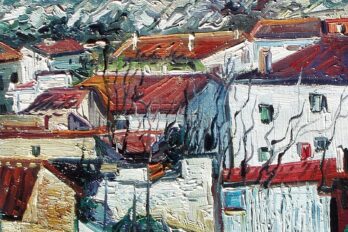 Olmeda de las Fuentes, en una pintura de Secundino Rivera.