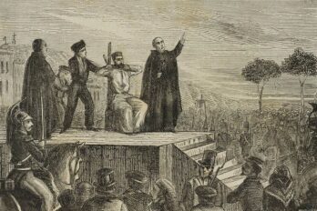 Gravat que il·lustra l'execució del dirigent obrer Josep Barceló. Font: Ortega i Espinós, Josep (1876).