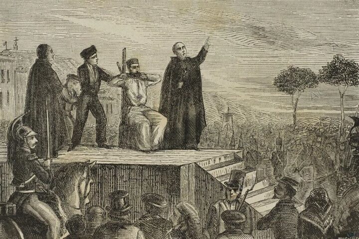 Gravat que il·lustra l'execució del dirigent obrer Josep Barceló. Font: Ortega i Espinós, Josep (1876).