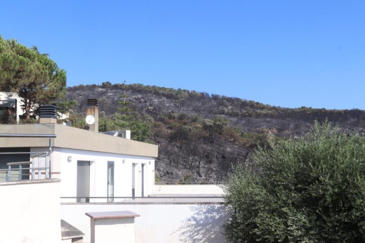 Una casa de la urbanització de Cabanyes amb la muntanya de fons cremada (fotografia: ACN / Aleix Freixas).