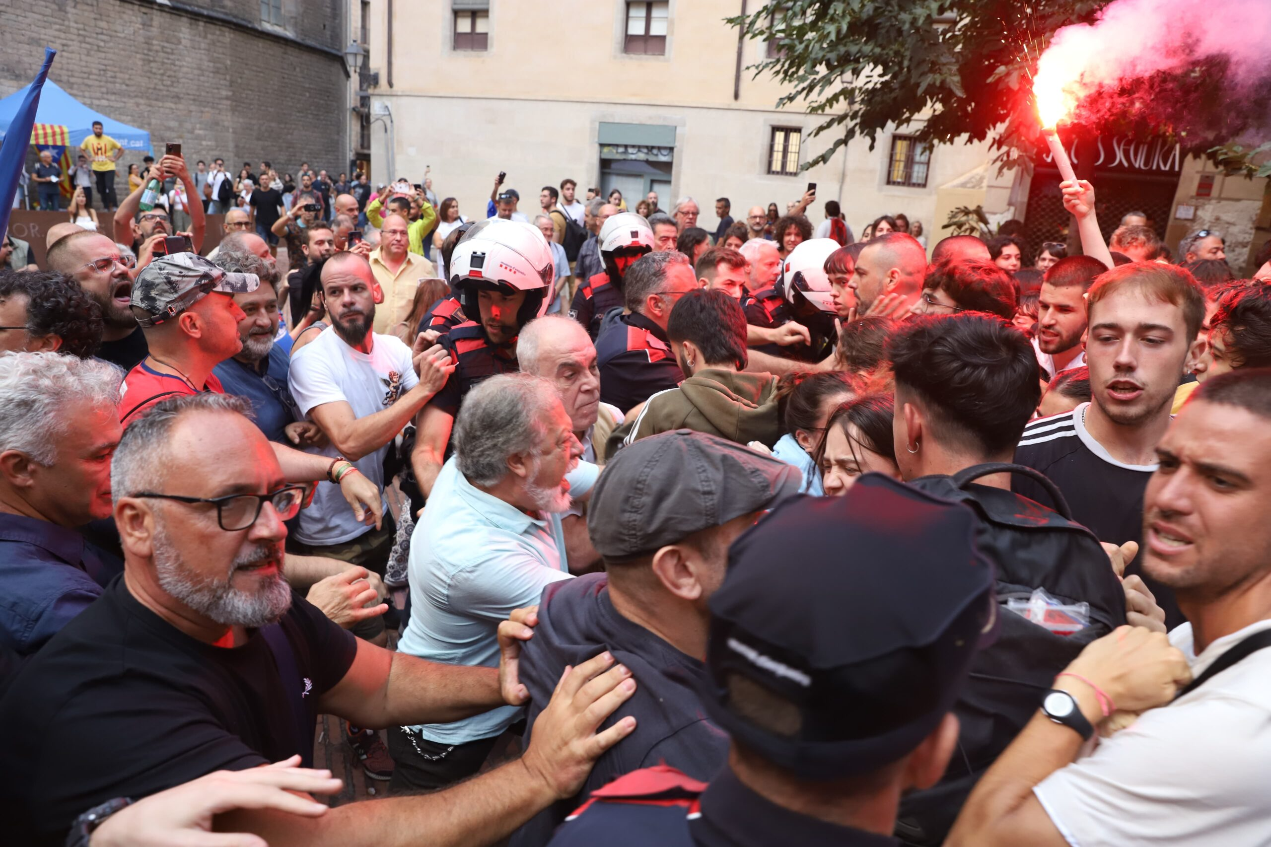 [VÍDEOS] Tensió al Fossar de les Moreres: els Mossos separen Aliança Catalana dels manifestants antifeixistes