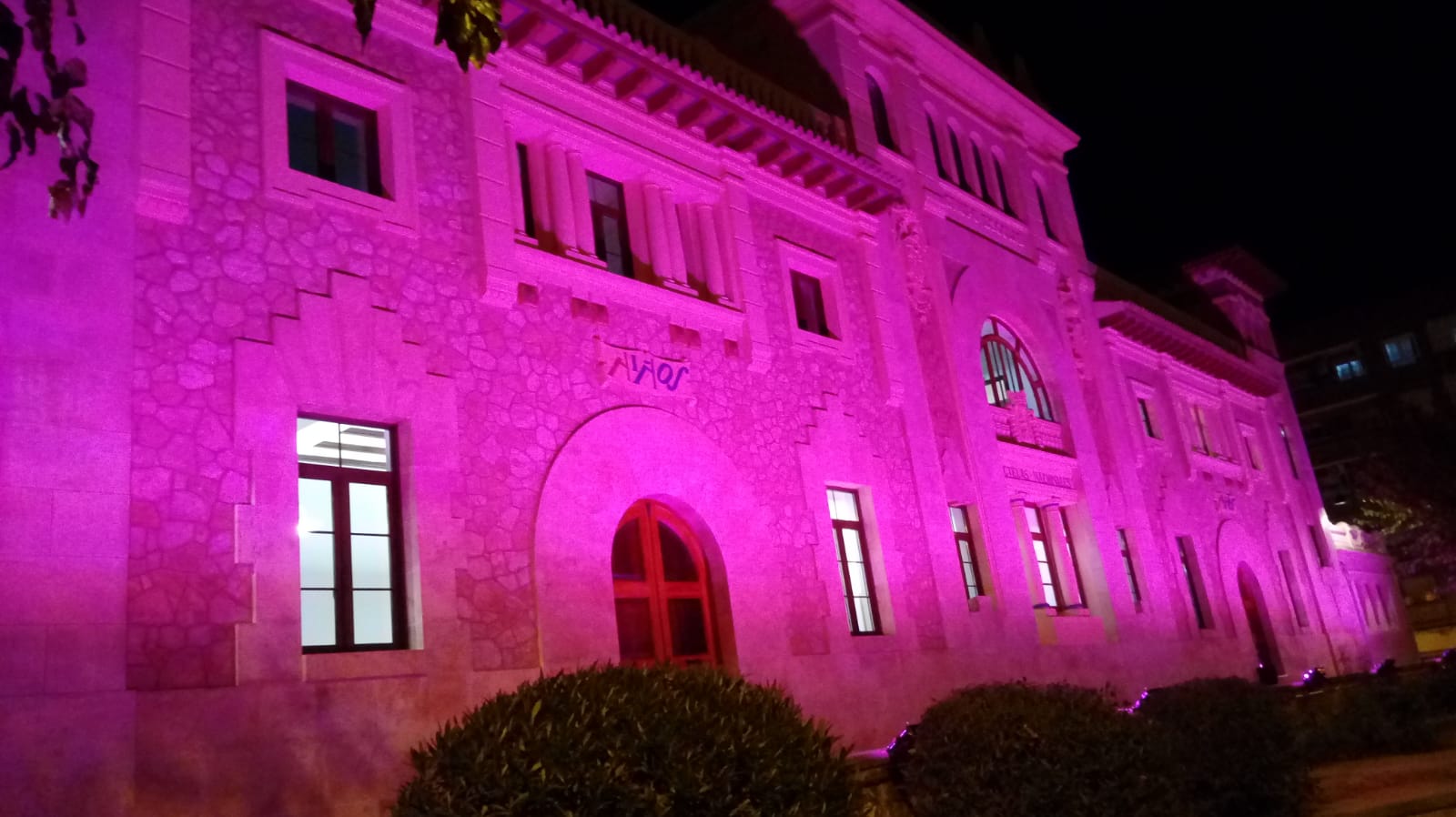 L’edifici de la universitat d’Ontinyent, il·luminada amb motiu del Dia Internacional Contra la Violència Masclista