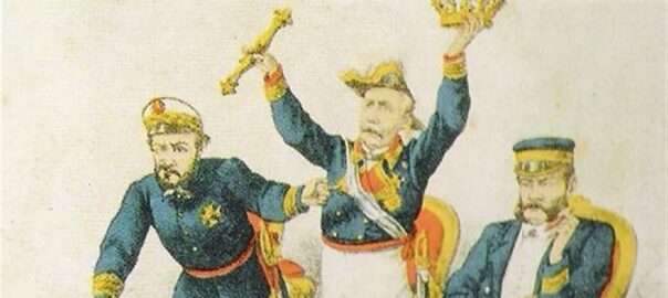 Il·lustració de la revista satírica La Flaca que retrata els generals Prim, Serrano i Topete