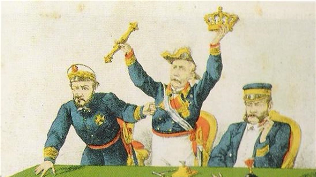 Il·lustració de la revista satírica La Flaca que retrata els generals Prim, Serrano i Topete